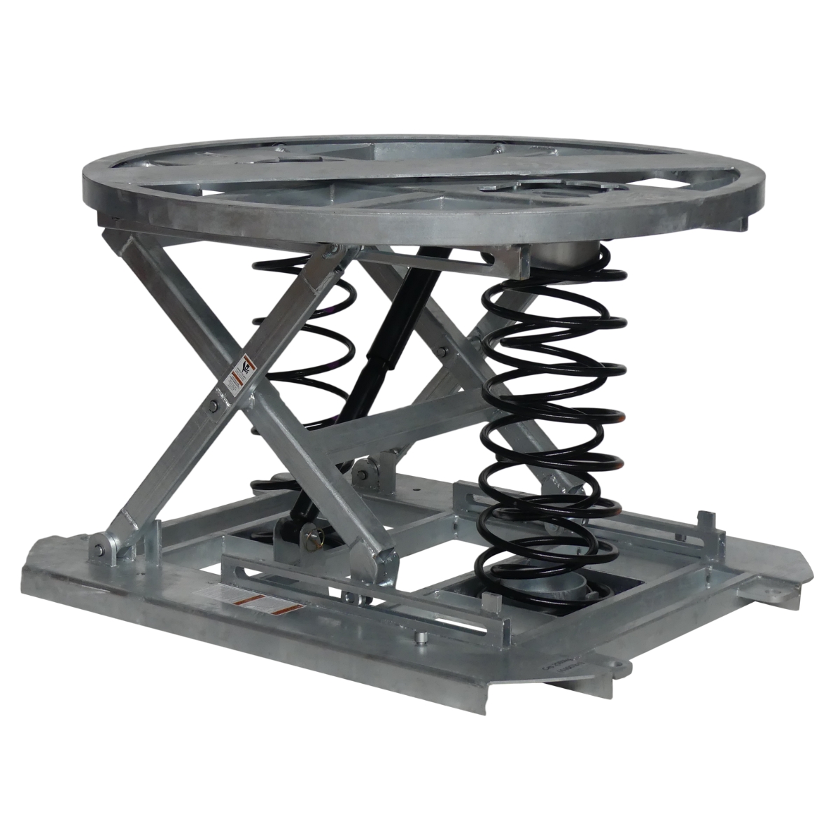 Vue de 3/4 de la table élévatrice rotative galvanisée plateau ouvert
